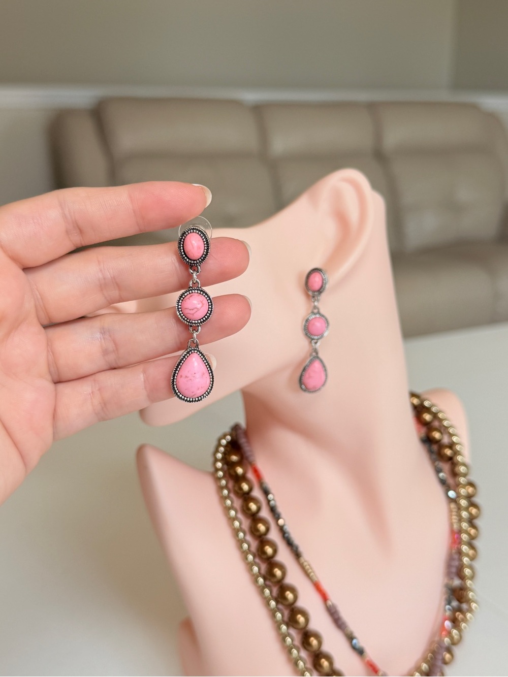 Western Elegant Pink Turquoise Stone Drop Earrings - Women Jewelry